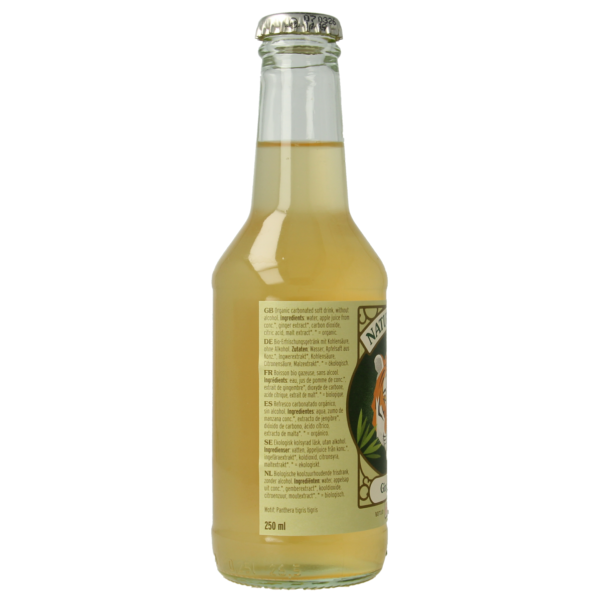 Naturfrisk organic ginger ale in a 250ml bottle, featuring clear glass with a golden-amber liquid and a Naturfrisk label.