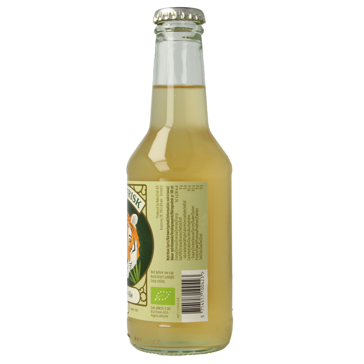Naturfrisk Ginger Ale bio 250ml bottle, organic ginger-flavored soft drink with clear glass bottle and label detail.