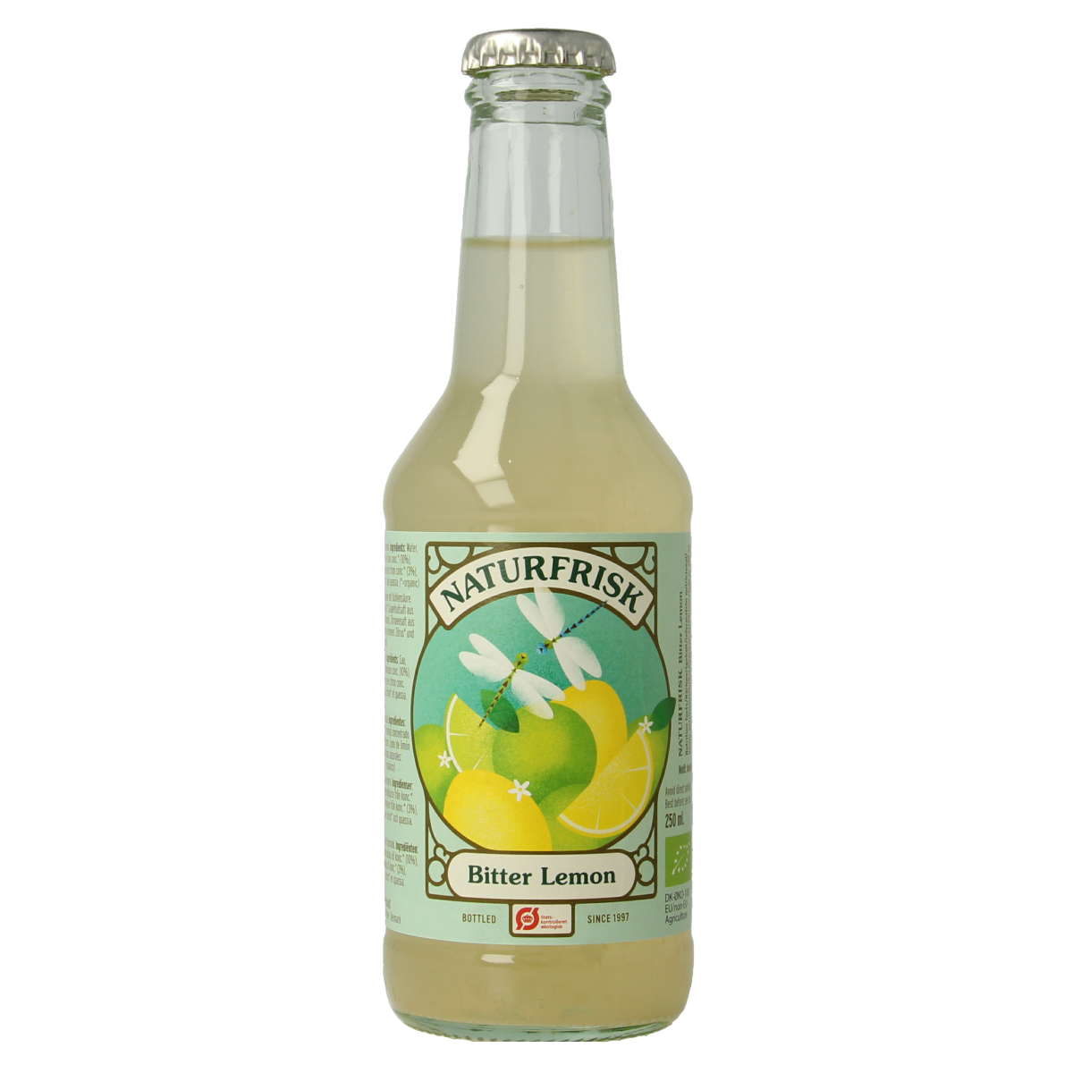 Naturfrisk Bitter Lemon bio 250ml glass bottle, organic lemon drink with fresh citrus slices and natural ingredients.