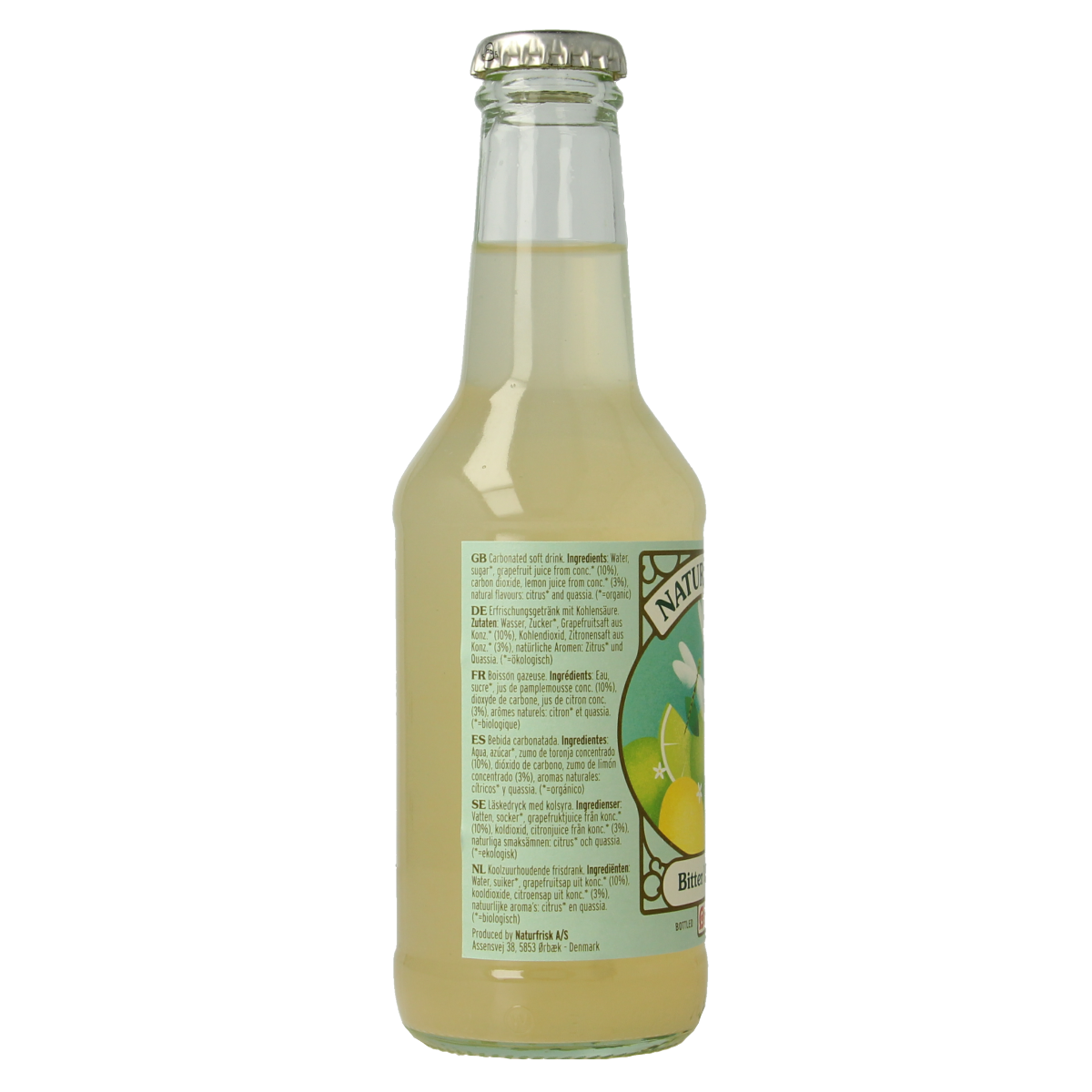 Bottle of Naturfrisk Bitter Lemon bio juice, 250ml, showcasing a clear glass container with yellow lemon-flavored beverage inside.