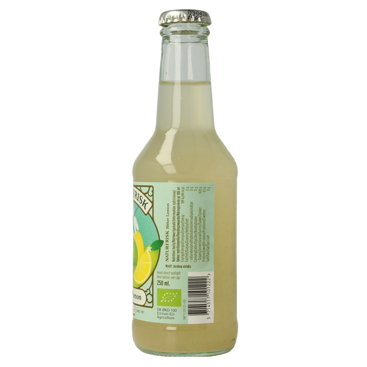 Bottle of Naturfrisk Bitter Lemon bio 250ml, organic lemon-flavored drink in a clear glass bottle with a yellow label.