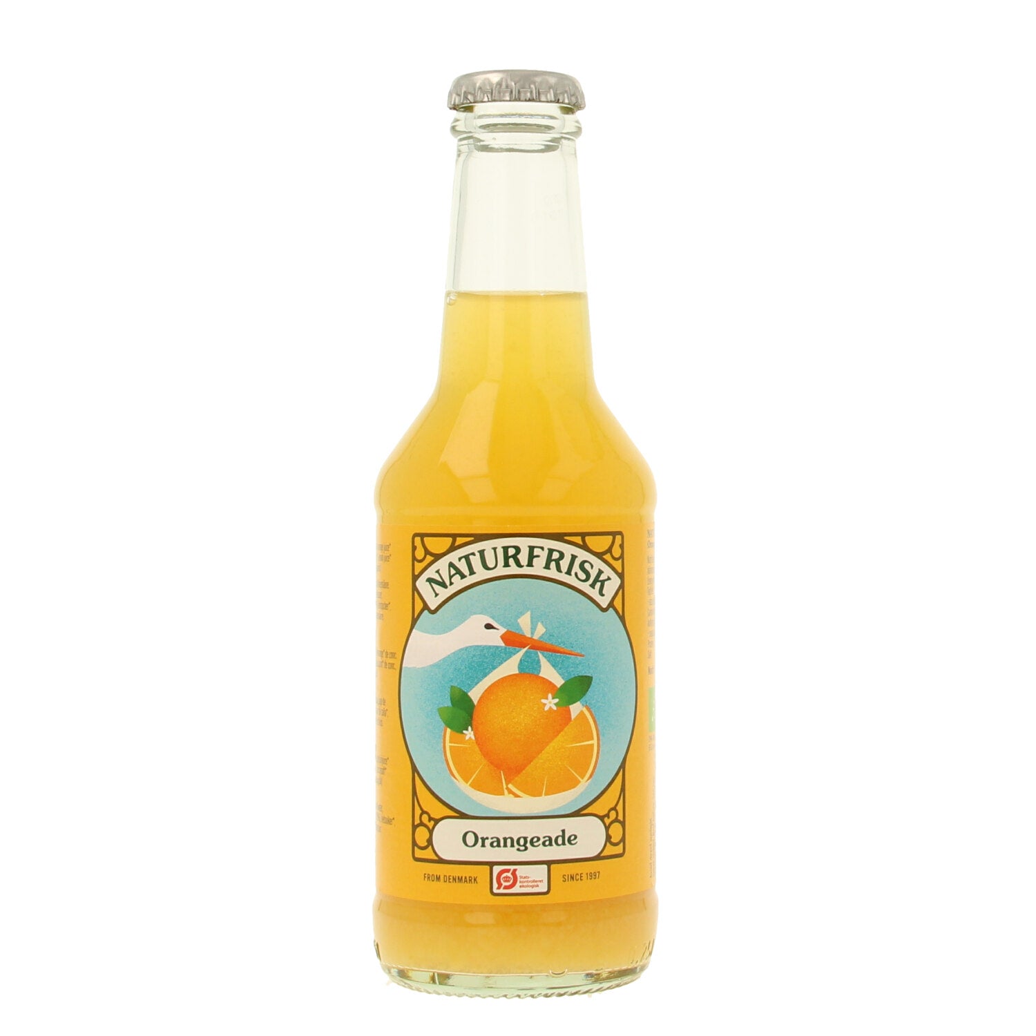 Naturfrisk Orangeade bio in a 250ml bottle, showcasing fresh, natural orange juice with vibrant orange color.