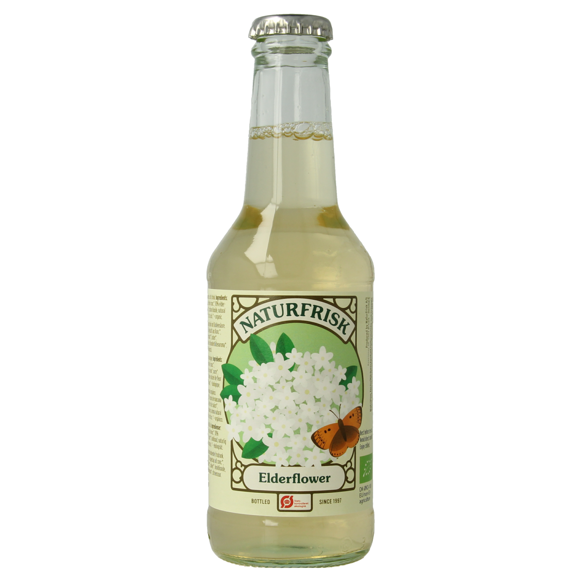 Naturfrisk Elderflower bio drink in 250ml bottle, clear liquid with elderflower flavor, labeled bottle with Naturfrisk branding.