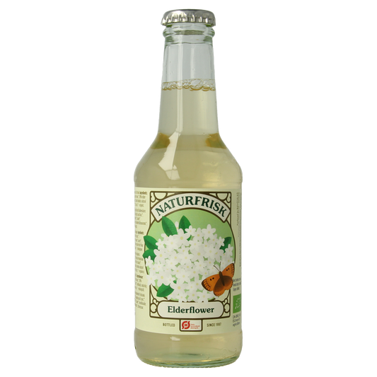 Naturfrisk Elderflower bio drink in 250ml bottle, clear liquid with elderflower flavor, labeled bottle with Naturfrisk branding.
