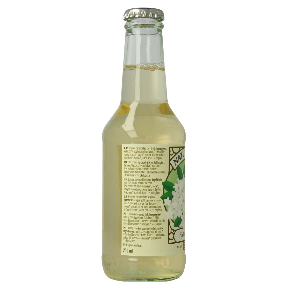 Naturfrisk Elderflower bio drink in 250ml bottle, natural herbal beverage with elderflower flavor and organic ingredients.
