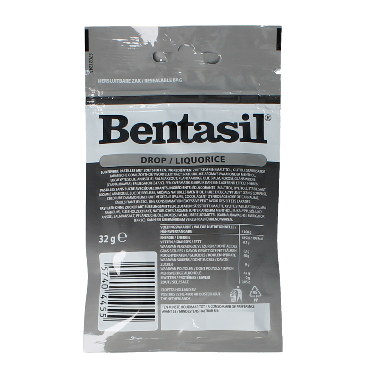 Bentasil Drop snoepgoed in zwart en zilver, 32 gram, with shiny, smooth candy pieces in a close-up image.