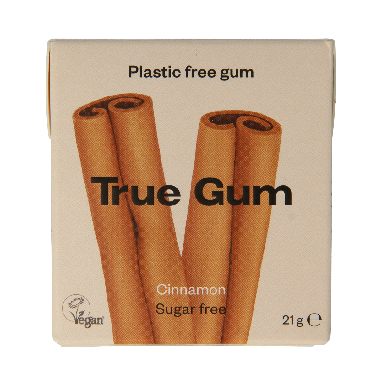 True Gum Cinnamon sugar-free candy in a 21g pack, featuring cinnamon-flavored chewy gum from the True Gum brand.