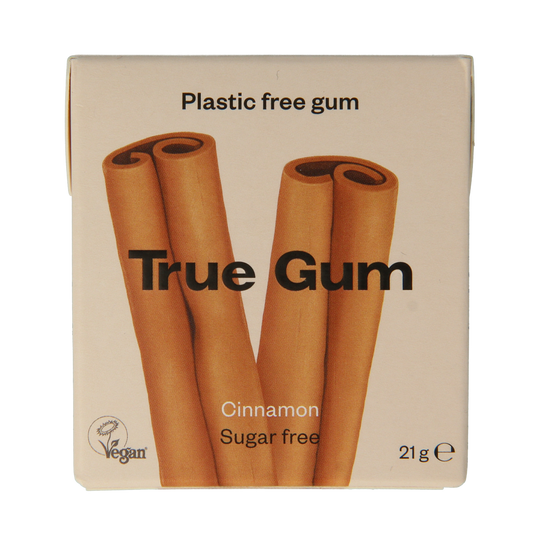True Gum Cinnamon sugar-free candy in a 21g pack, featuring cinnamon-flavored chewy gum from the True Gum brand.