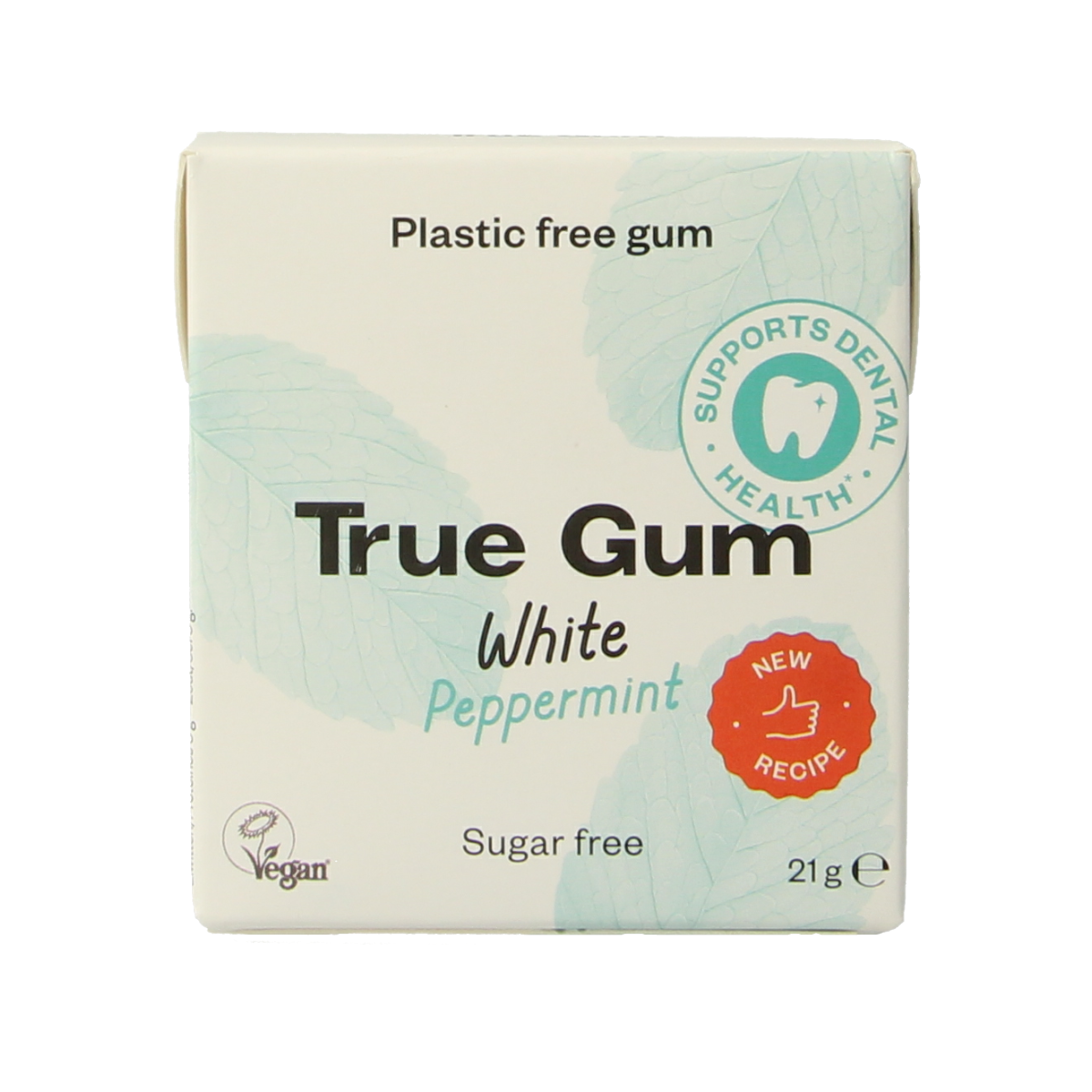 True Gum White peppermint sugar-free candies in a 21-gram package, featuring fresh peppermint flavor and sleek packaging.