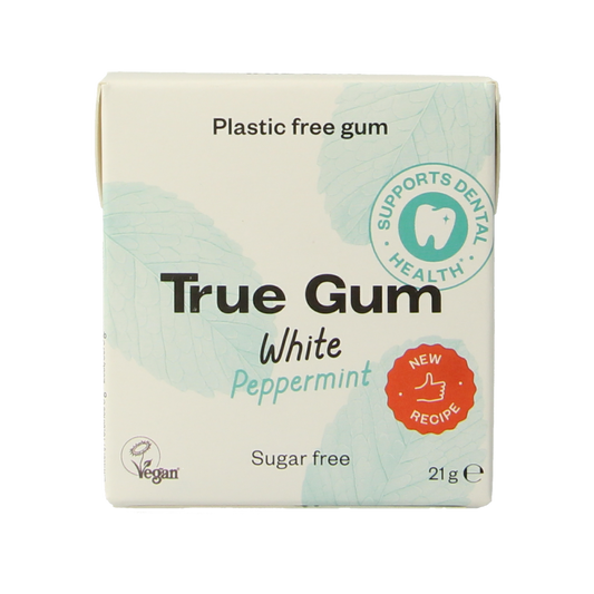 True Gum White peppermint sugar-free candies in a 21-gram package, featuring fresh peppermint flavor and sleek packaging.