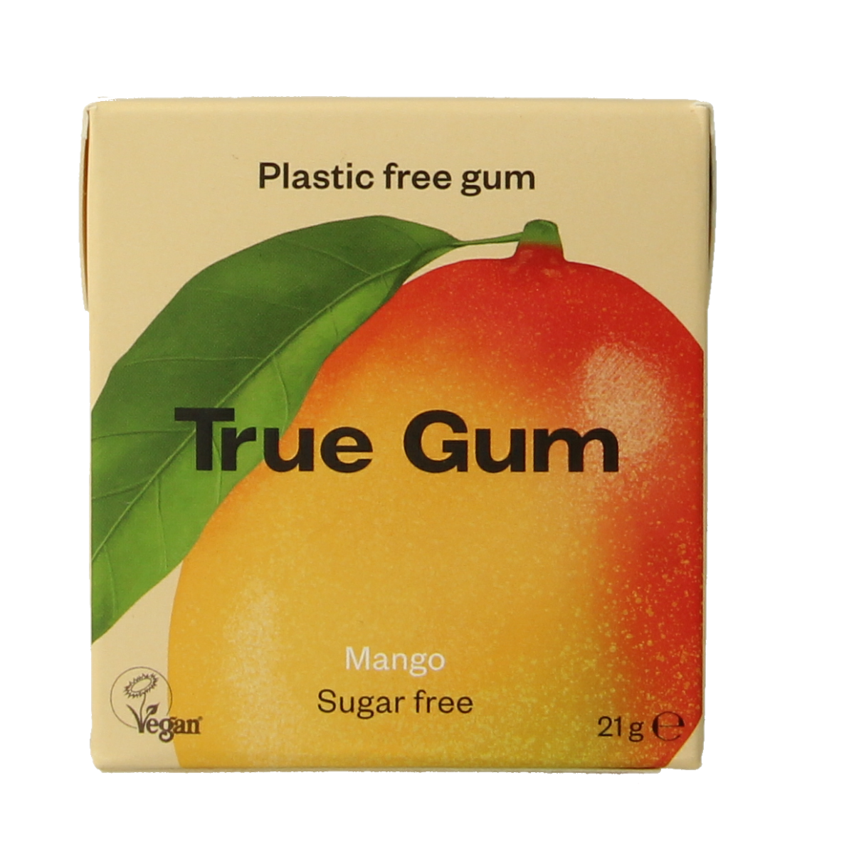 True Gum Mango sugar-free candy in 21g pack, showcasing bright mango-flavored chewy sweets in vibrant packaging.