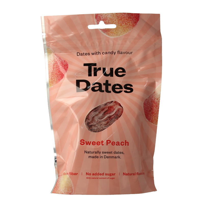 Raw True Sweet Peach superfood in 100g package, showcasing fresh, vibrant peach slices with a natural, appetizing appearance.