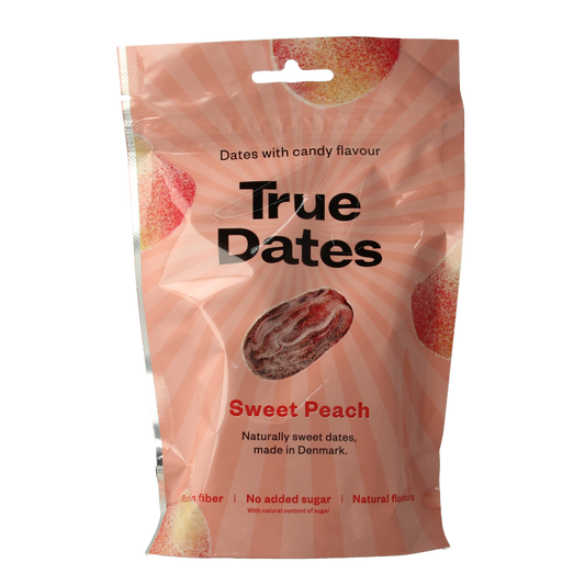 Raw True Sweet Peach superfood in 100g package, showcasing fresh, vibrant peach slices with a natural, appetizing appearance.