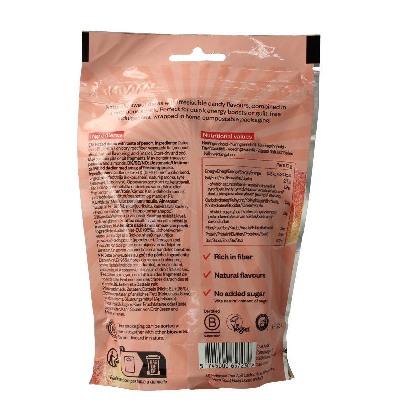 Fresh True Sweet Peach, 100g raw superfood, showcasing ripe, juicy peach slices in a clear container.