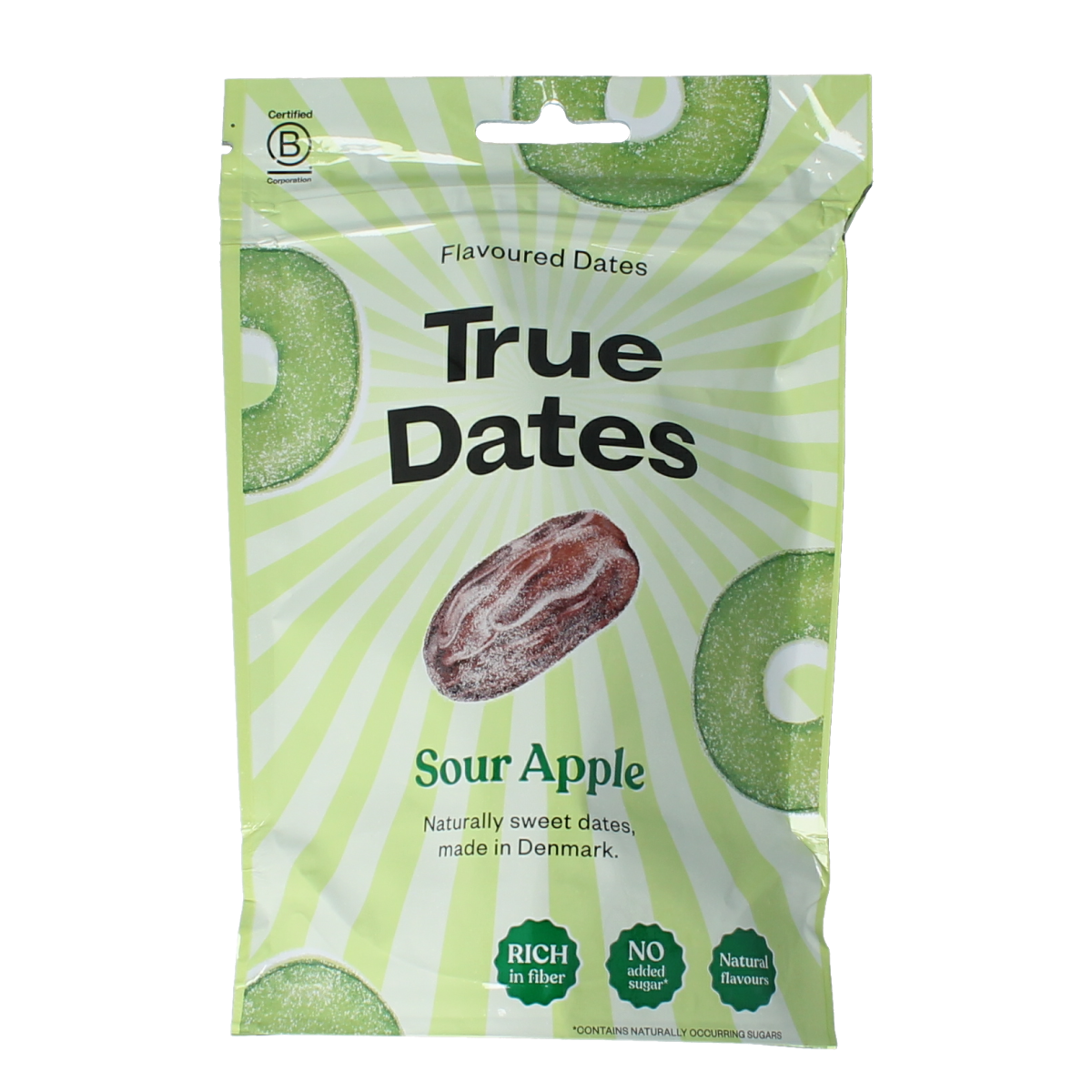 True Dates sour apple flavor, 100g, showing fresh sour apple-flavored dates in a clear package.