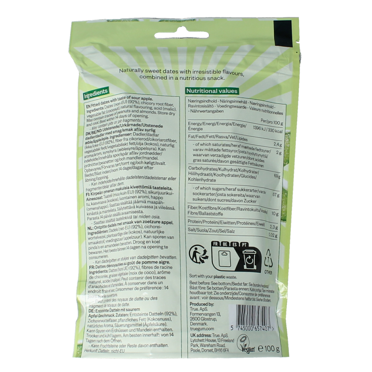 True Dates sour apple flavor, 100g, fresh fruit snack with green apple taste, from True Dates brand.