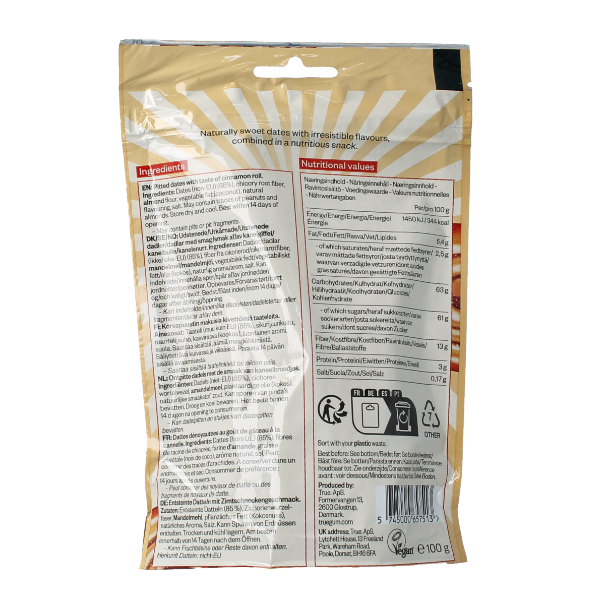 True Dates cinnamon roll made with fresh dates, shown in a 100g serving, showcasing its golden-brown, cinnamon-spiced pastry appearance.