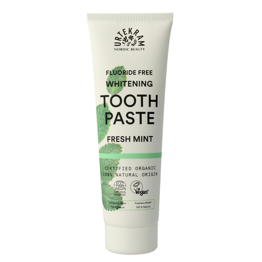 Urtekram whitening fresh mint toothpaste in 75ml tube with fresh mint flavor and natural ingredients.