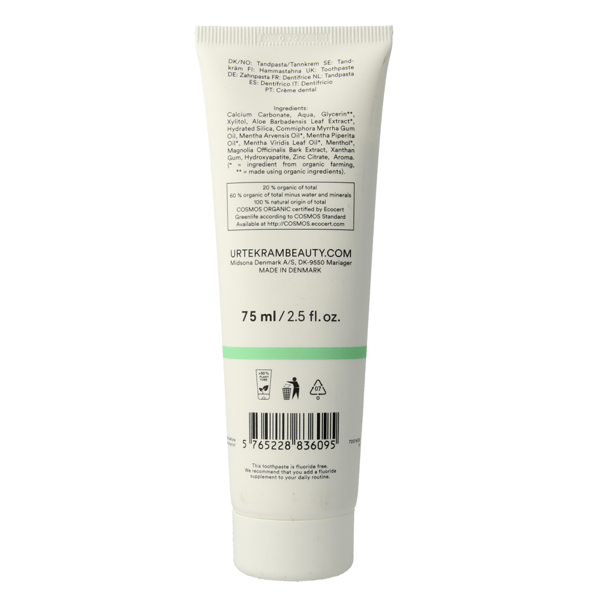 Urtekram whitening fresh mint toothpaste in a 75 ml tube, featuring natural ingredients and fresh mint flavor.
