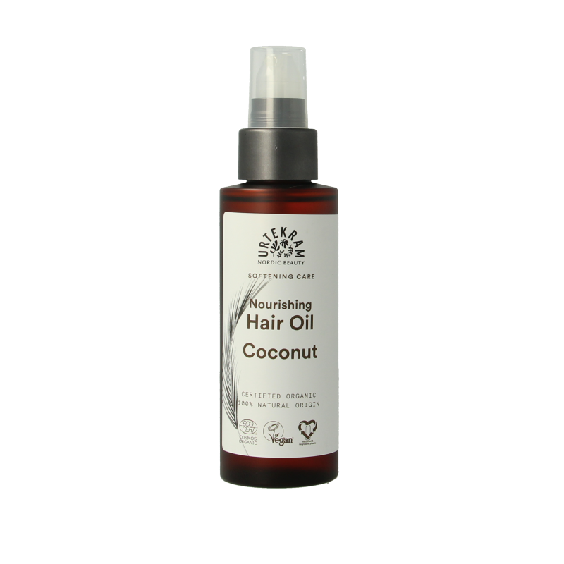 Urtekram kokosnoot Haarverzorging haarolie in 100ml bottle, showing natural coconut hair oil with a clear label and pump dispenser.