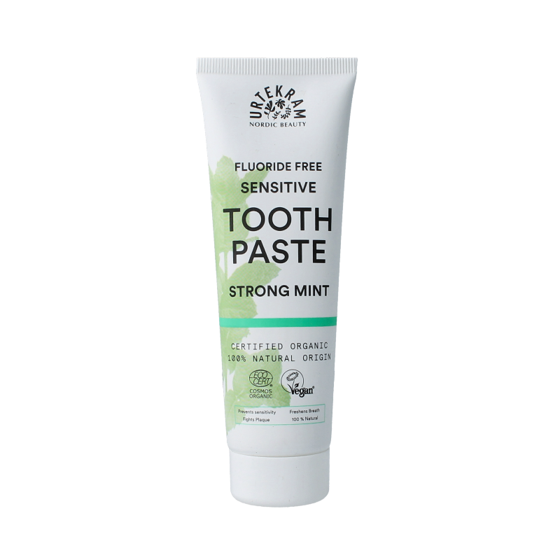 Urtekram sensitive strong mint fluoride-free toothpaste in 75ml tube, showing the packaging with mint flavor branding.