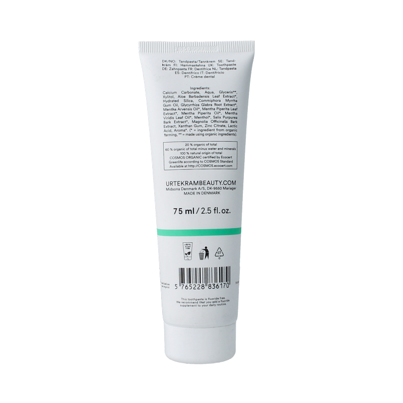 Urtekram sensitive strong mint fluoride-free toothpaste in 75ml tube with fresh mint flavor.