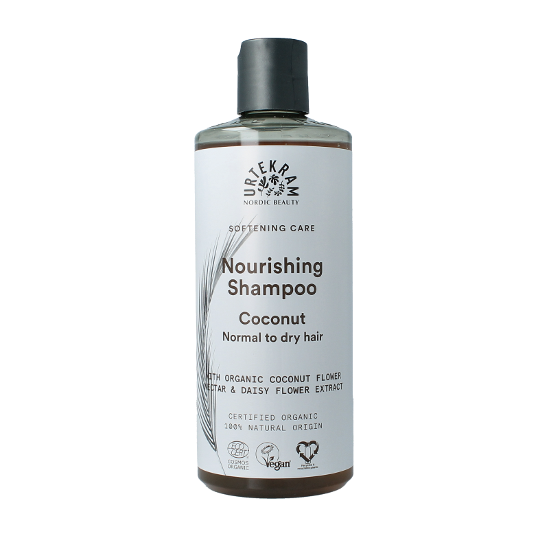 Urtekram kokosnoot shampoo bottle for hair care, 500ml, with a natural coconut scent and nourishing formula.