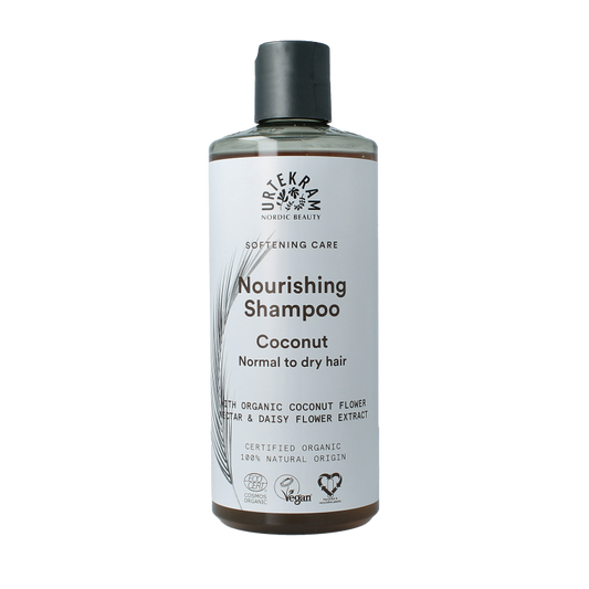 Urtekram kokosnoot shampoo bottle for hair care, 500ml, with a natural coconut scent and nourishing formula.