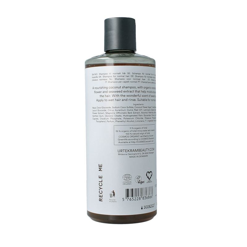 Urtekram kokosnoot shampoo bottle, 500ml, natural hair care product with a coconut scent and nourishing formula.