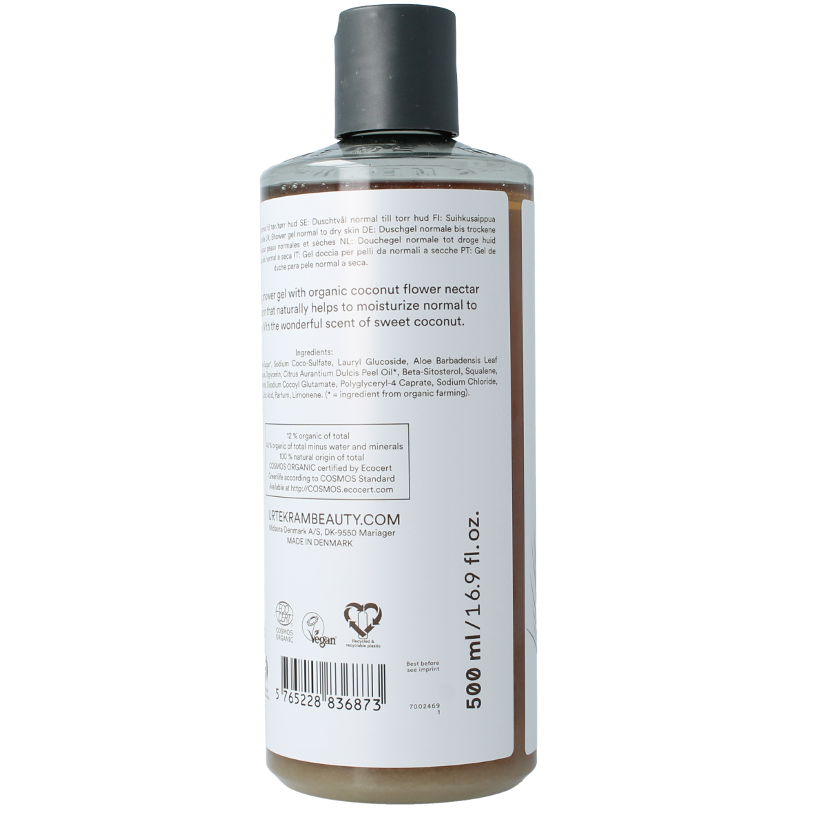Urtekram coconut shower gel in 500ml bottle, gentle bad en douche with natural coconut scent and moisturizing formula.