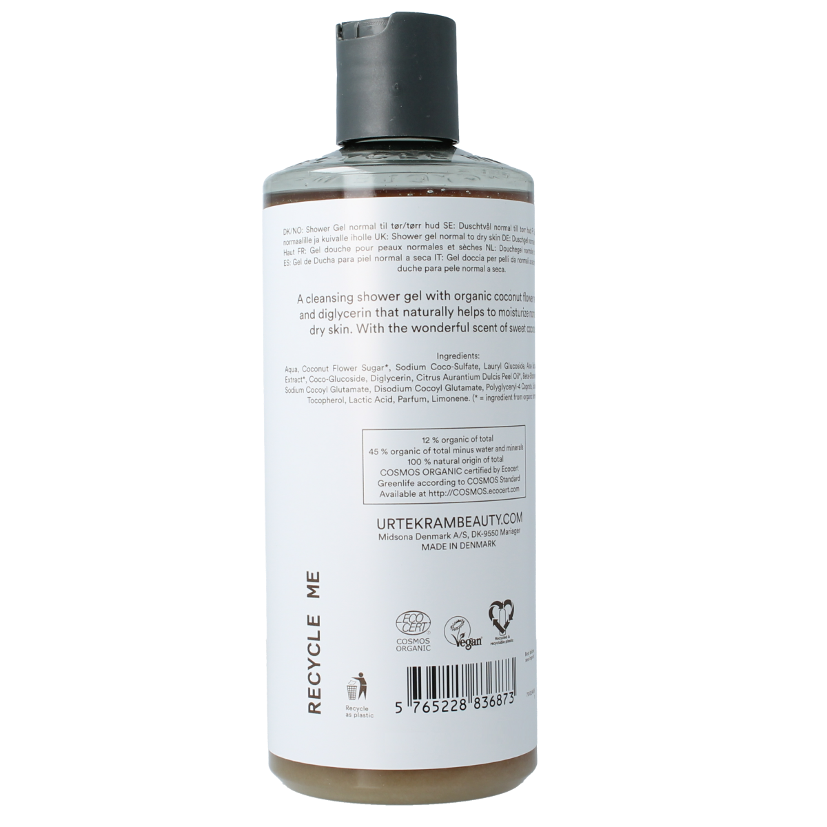 Urtekram kokosnoot douchegel in 500ml bottle, showing the product label and packaging for natural body cleansing.