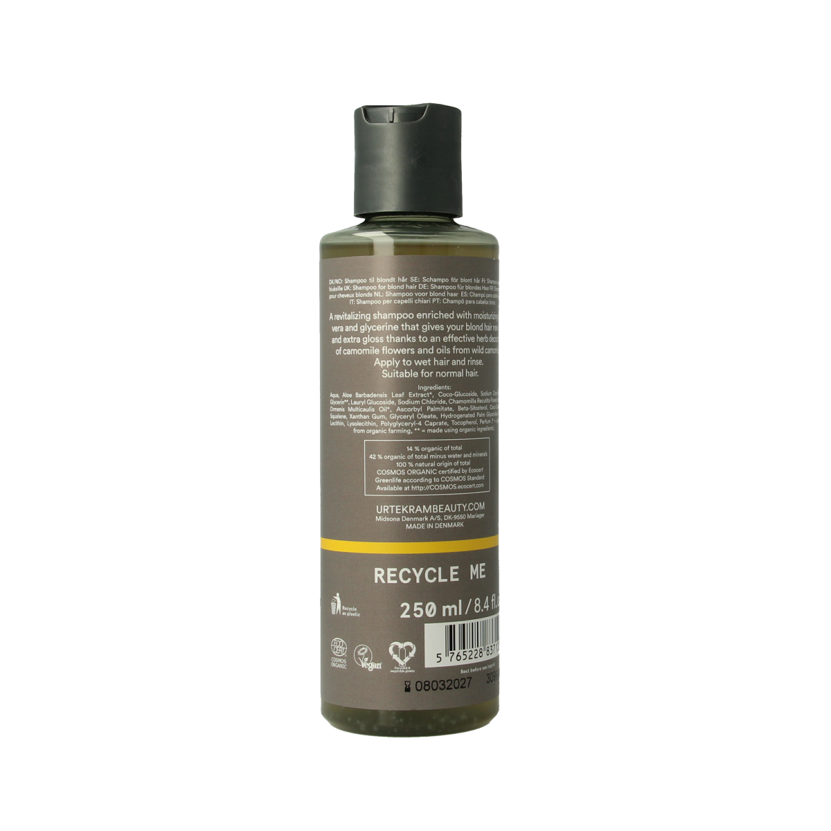 Urtekram kamille shampoo bottle for hair care, 250ml, with a clear label and natural chamomile ingredients.