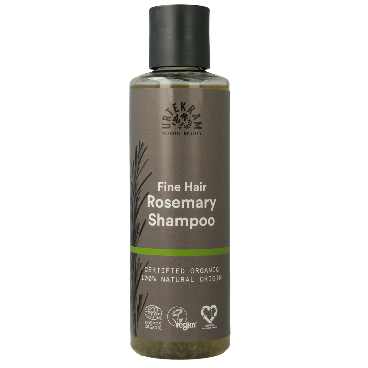 Urtekram rosemary shampoo bottle for hair care, 250ml, with a clear label and natural ingredients for healthy hair.