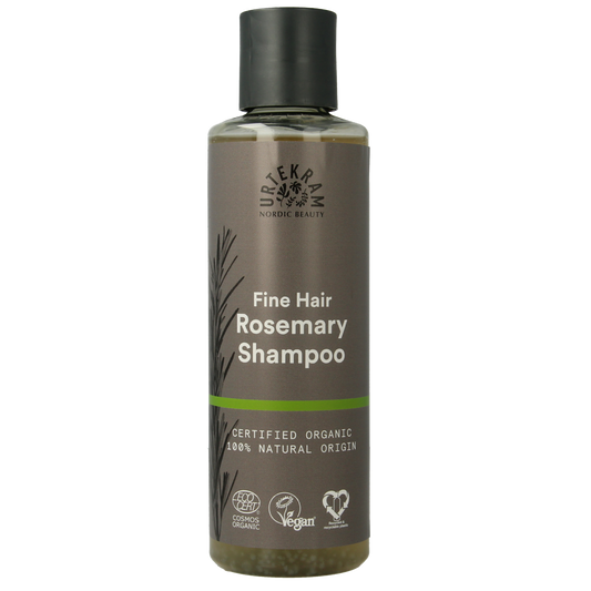 Urtekram rosemary shampoo bottle for hair care, 250ml, with a clear label and natural ingredients for healthy hair.