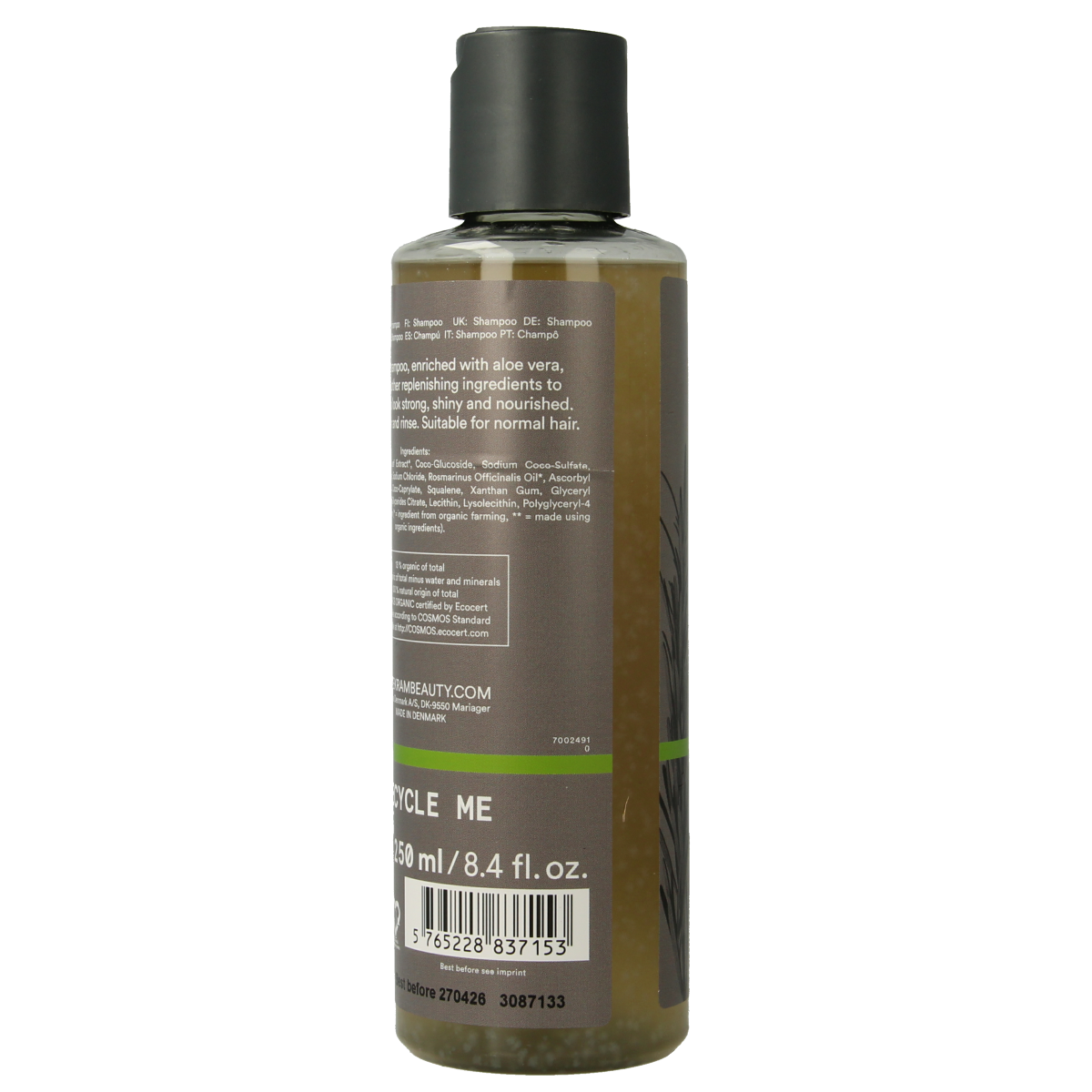 Urtekram rosemary shampoo bottle for hair care, 250ml with label and cap, displayed against a neutral background.