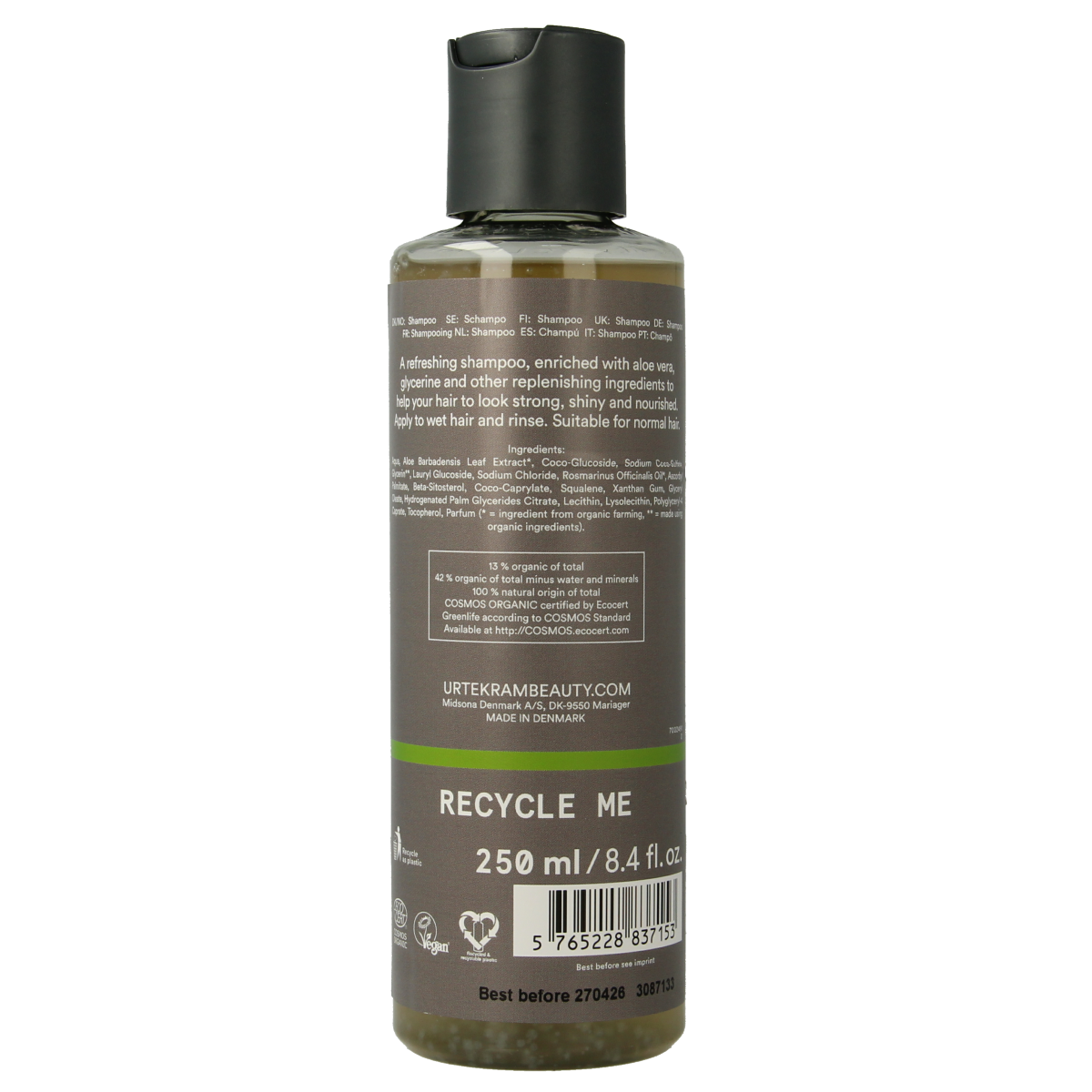 Urtekram rosemary shampoo bottle for hair care, 250ml, with natural ingredients and herbal rosemary scent.