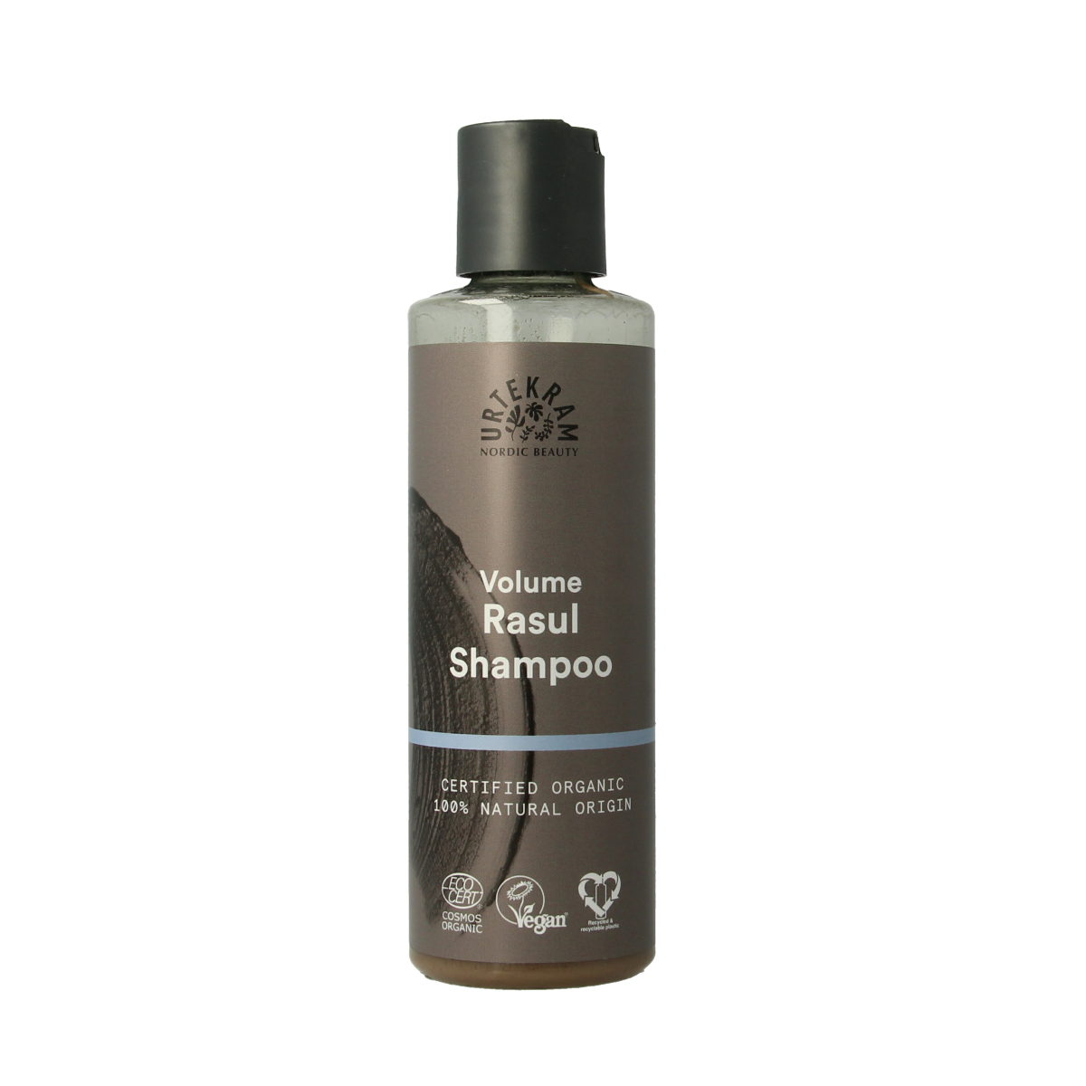 Urtekram Rhassoul Shampoo bottle for hair care, 250ml, natural hair cleansing product with herbal ingredients.