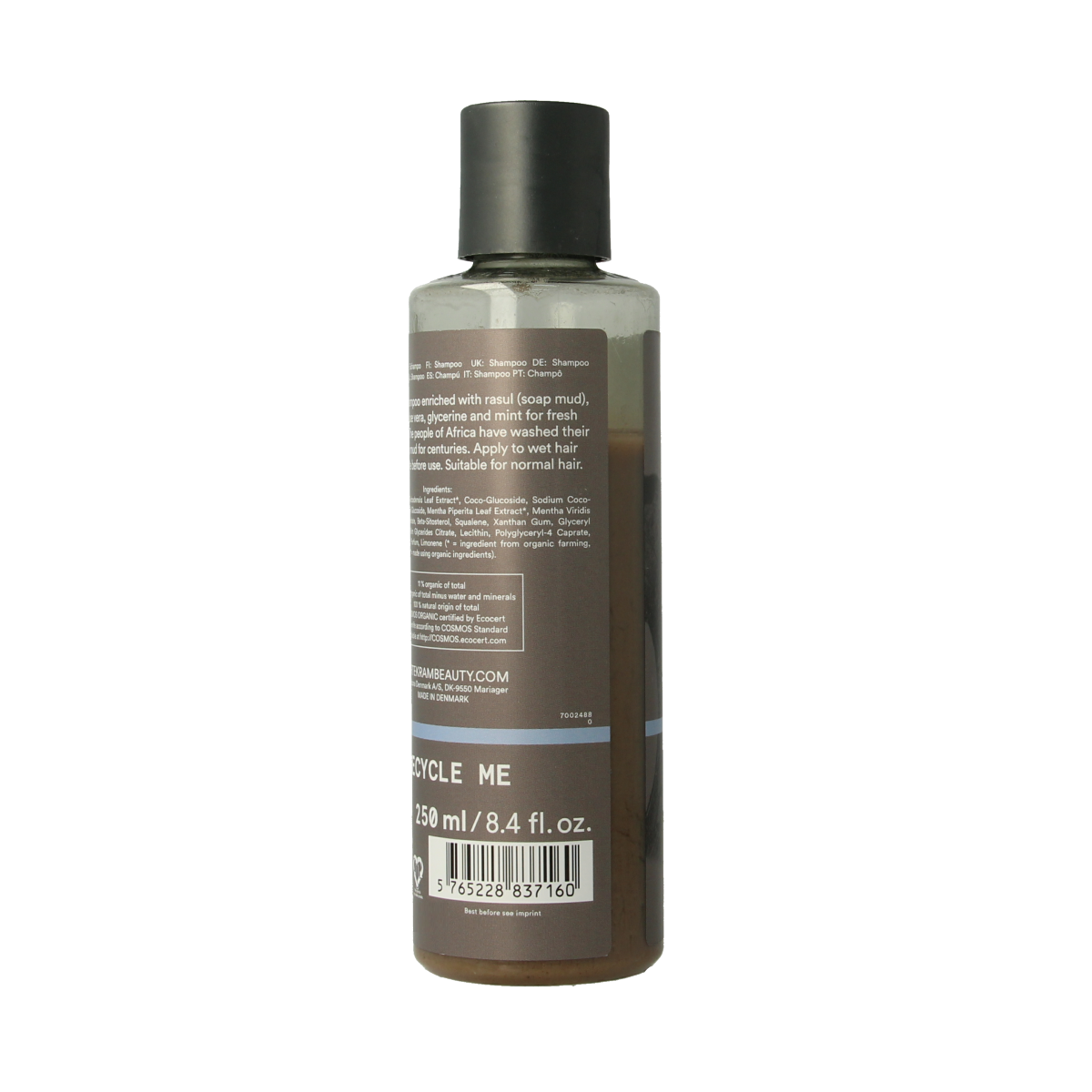 Urtekram Rhassoul Shampoo bottle for hair care, 250ml, natural hair cleansing with mineral-rich rhassoul clay.