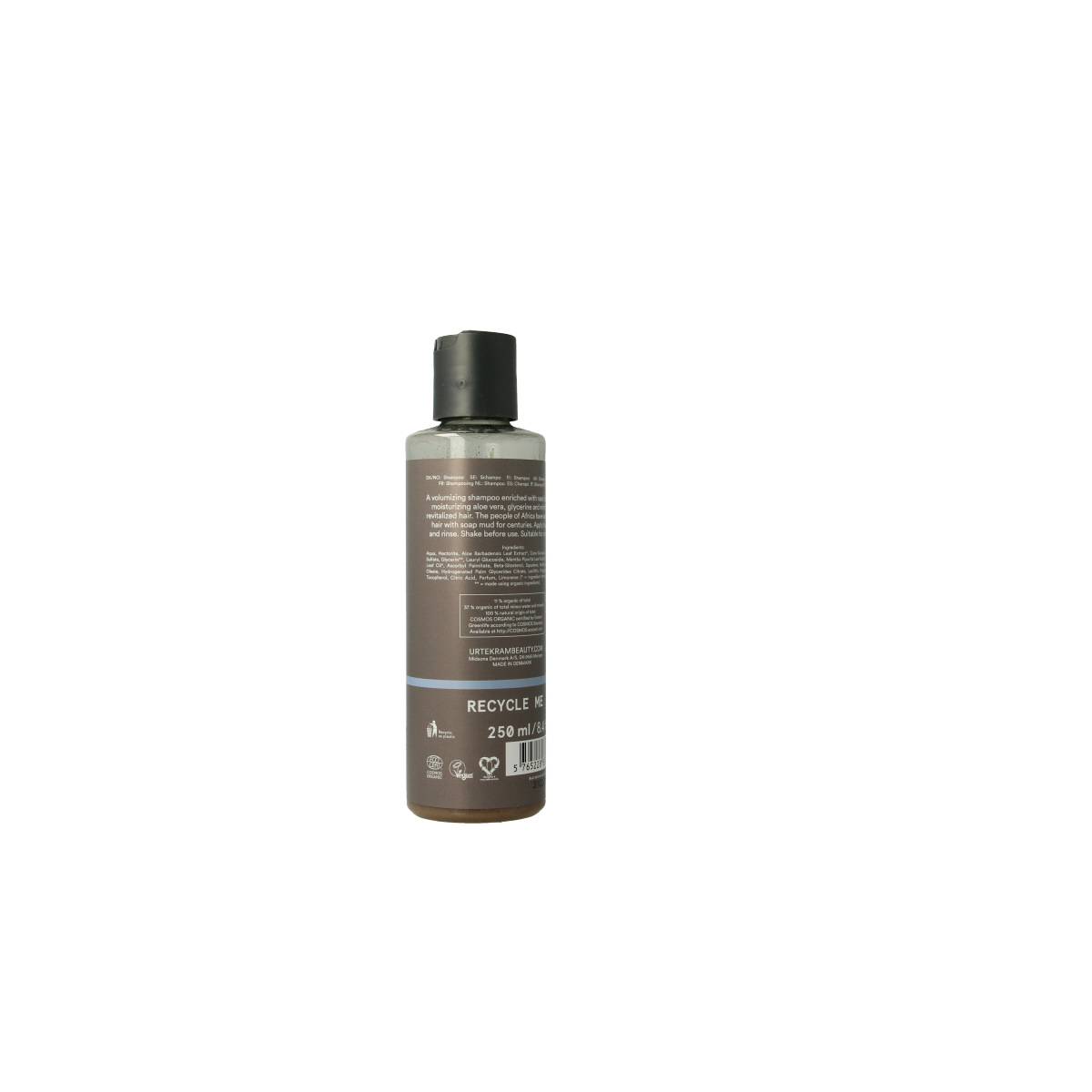 Urtekram Rhassoul Shampoo bottle for hair care, 250ml, natural hair cleansing and nourishing product in a white container