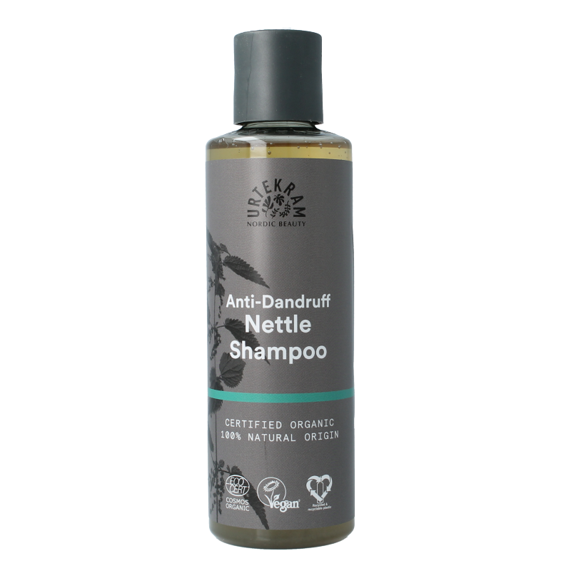 Urtekram brandnetel dandruff shampoo bottle, 250ml, natural hair care product for dandruff relief and scalp health.