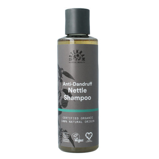 Urtekram brandnetel dandruff shampoo bottle, 250ml, natural hair care product for dandruff relief and scalp health.