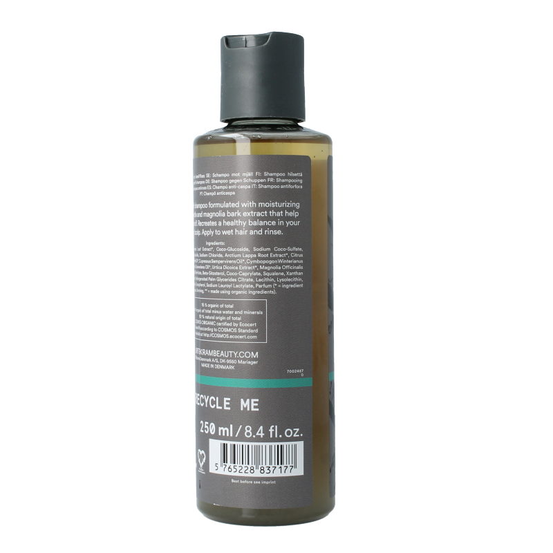 Urtekram brandnetel dandruff shampoo bottle, 250ml, natural hair care product for dandruff relief in a sleek bottle.