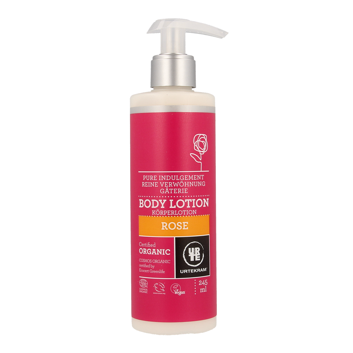 Urtekram Rozen bodylotion in 245ml bottle, moisturizing body care product with rose scent, for soft and nourished skin.