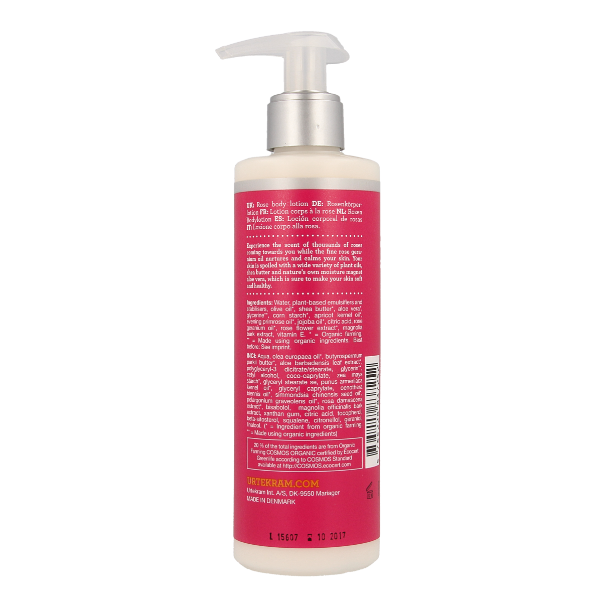 Urtekram Rozen bodylotion in 245ml bottle, part of body care collection, featuring a floral rose scent and gentle moisturizing formula.