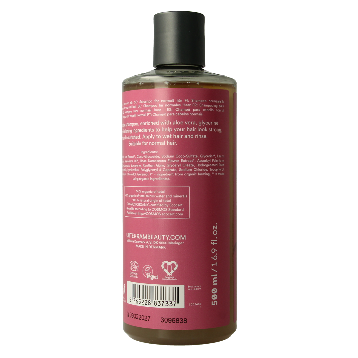 Urtekram shampoo for normal hair with rose scent, 500ml bottle, natural hair care product in a pump dispenser.