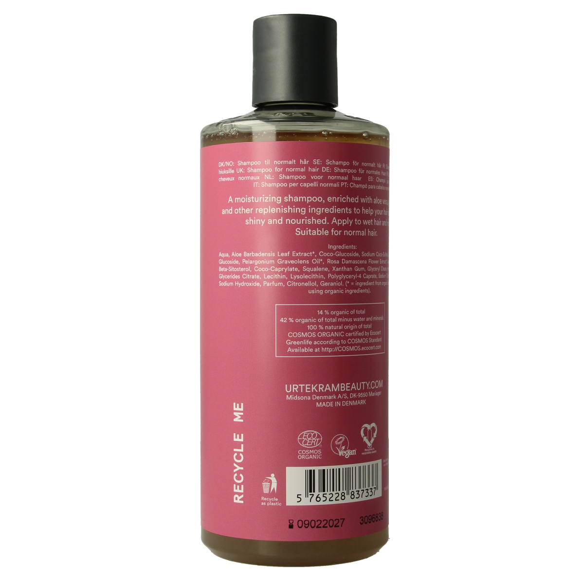 Urtekram Rozen Shampoo for normal hair in 500ml bottle, featuring floral packaging and natural hair care ingredients.