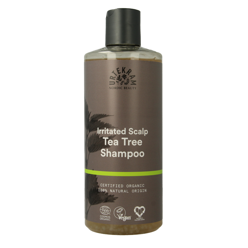 Urtekram tea tree shampoo in a 500ml bottle, showcasing natural hair care with tea tree for scalp refreshment and cleansing.