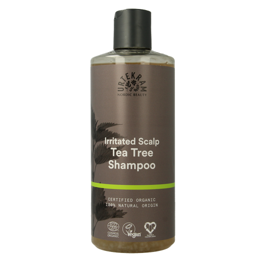 Urtekram tea tree shampoo in a 500ml bottle, showcasing natural hair care with tea tree for scalp refreshment and cleansing.