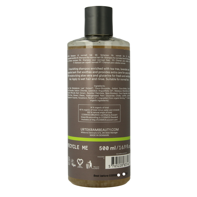 Urtekram tea tree shampoo in a 500ml bottle, featuring natural ingredients for scalp and hair care.