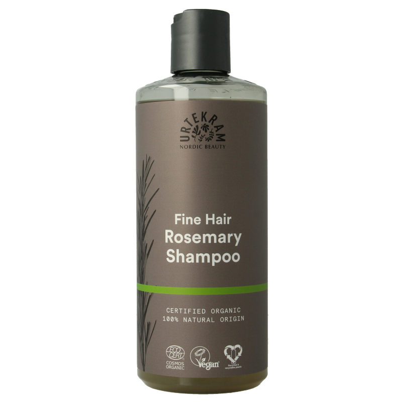 Urtekram rosemary shampoo bottle for hair care, 500ml, with a green label and natural ingredients visible on the packaging.